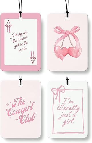 Coquette Girly Western Cologne Ambientador para el Coche 4 Piezas, Ambientador Colgante con Lazo de Vaquera Preparada, Aroma a Cereza, para Coches,