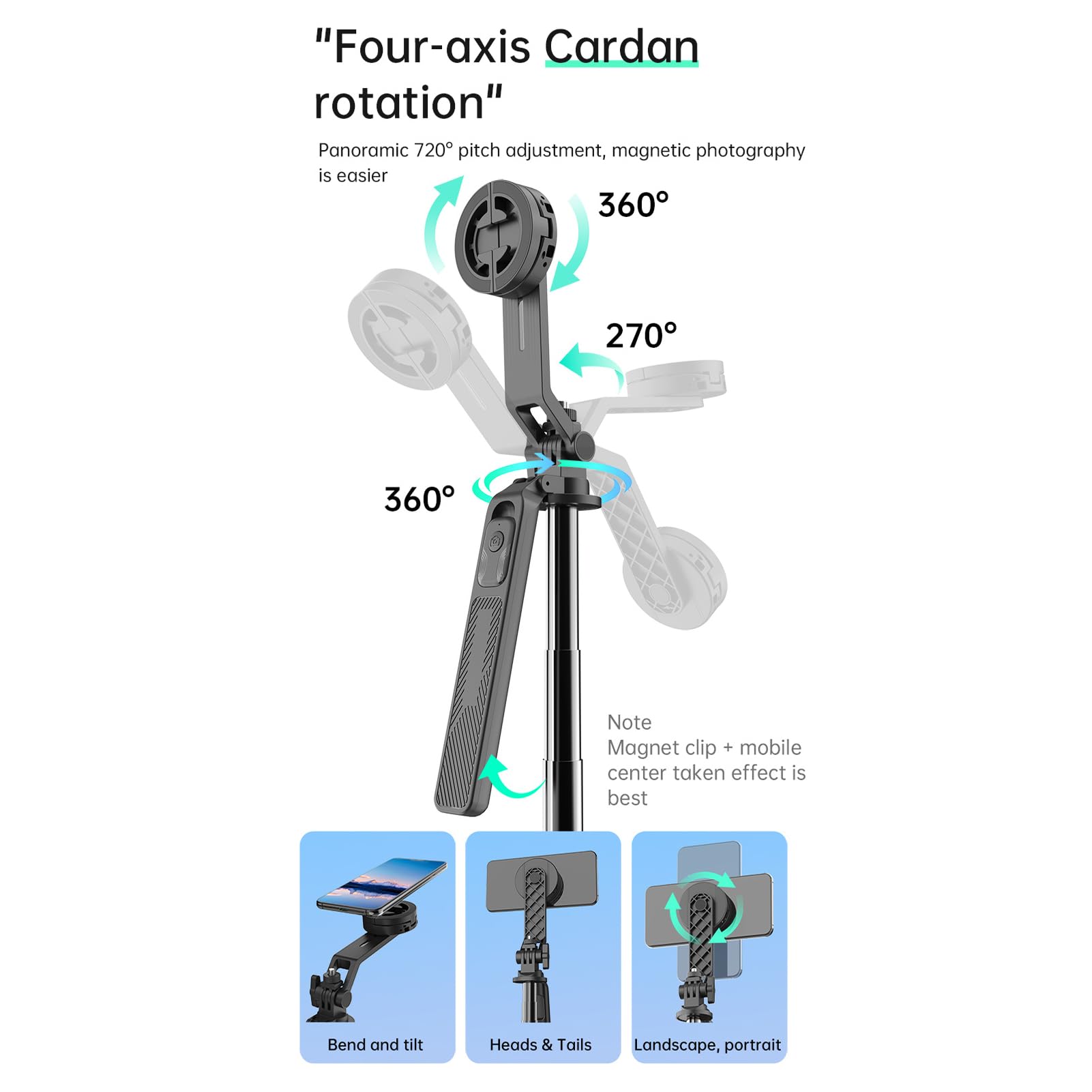 GOWENIC Kit Treppiede Magnetico per Selfie Stick, Rotazione 720 su Quattro Assi, 1,7 Metri
