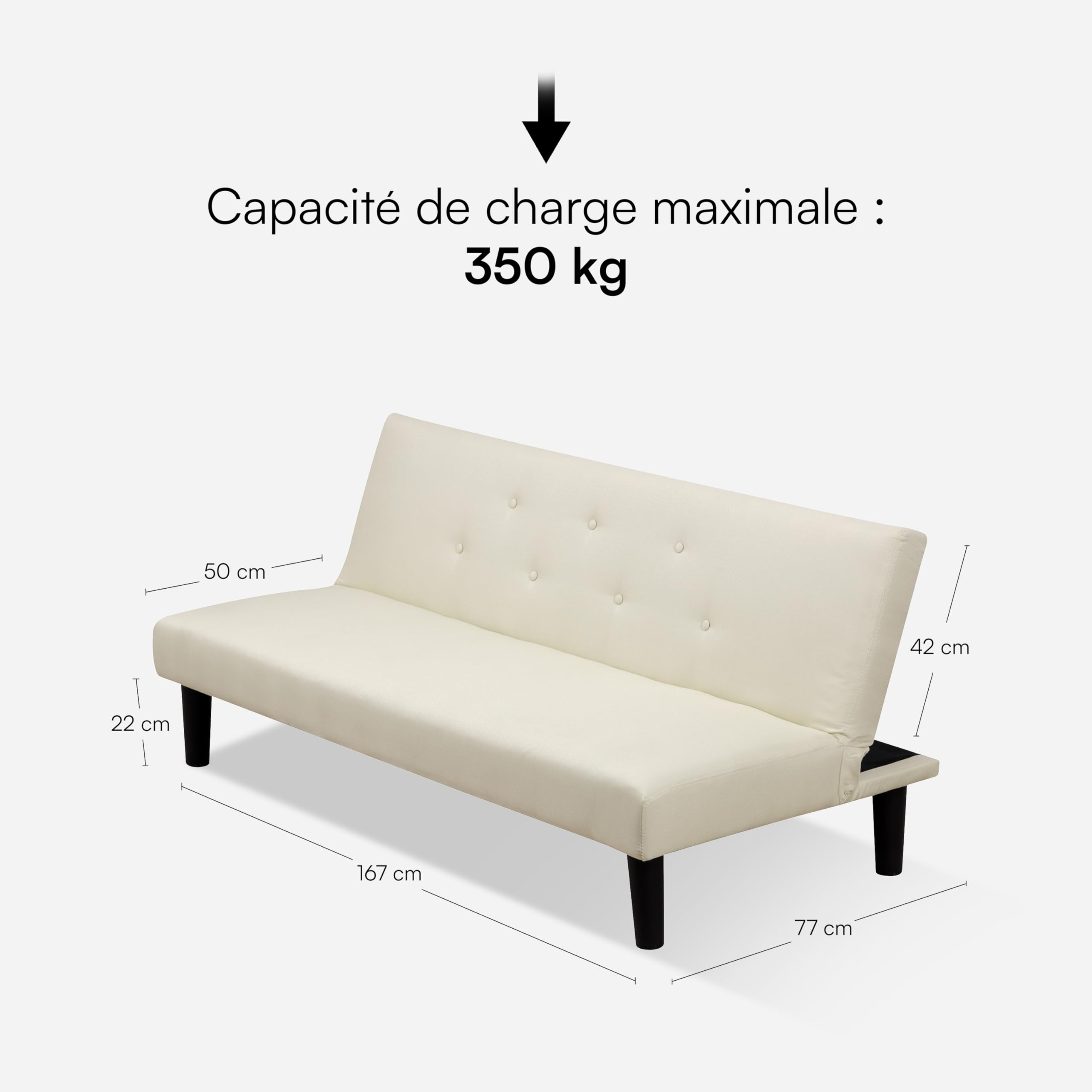 Baroni Home Canapé-Lit Clic Clac en Tissu 3 Places Convertible en Lit Rembourré, Sofa Inclinable avec Pieds en Plastique pour Salon, Chambre d'amis, Ouverture 93 cm, 167x70x77 cm, Crème