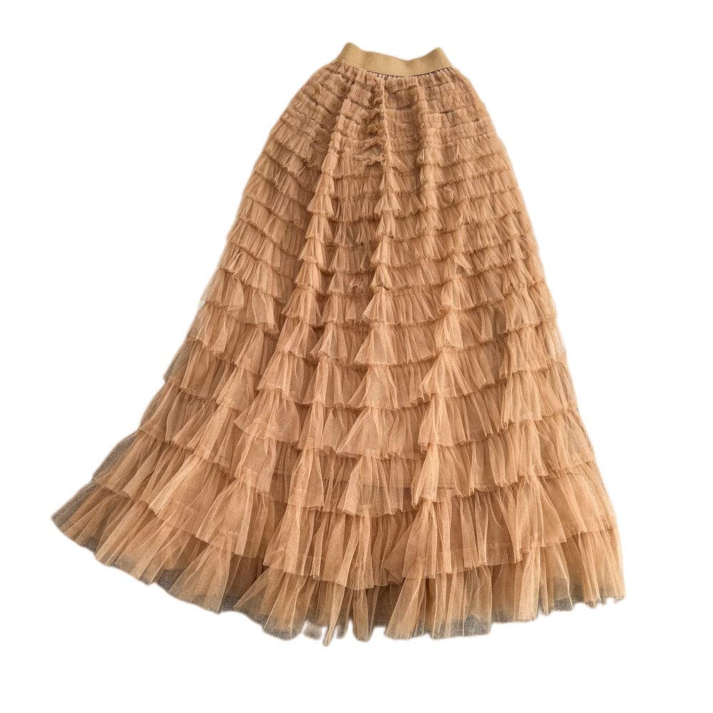 OZEO Röcke,Damen Maxirock Braun Elastisch Hohe Taille Tüll Stufen Faltenrock Schlicht A-Linie Swing Geraffte Rüschen Elegante Lange Röcke Für Mädchen Damen Frühling Herbst,M