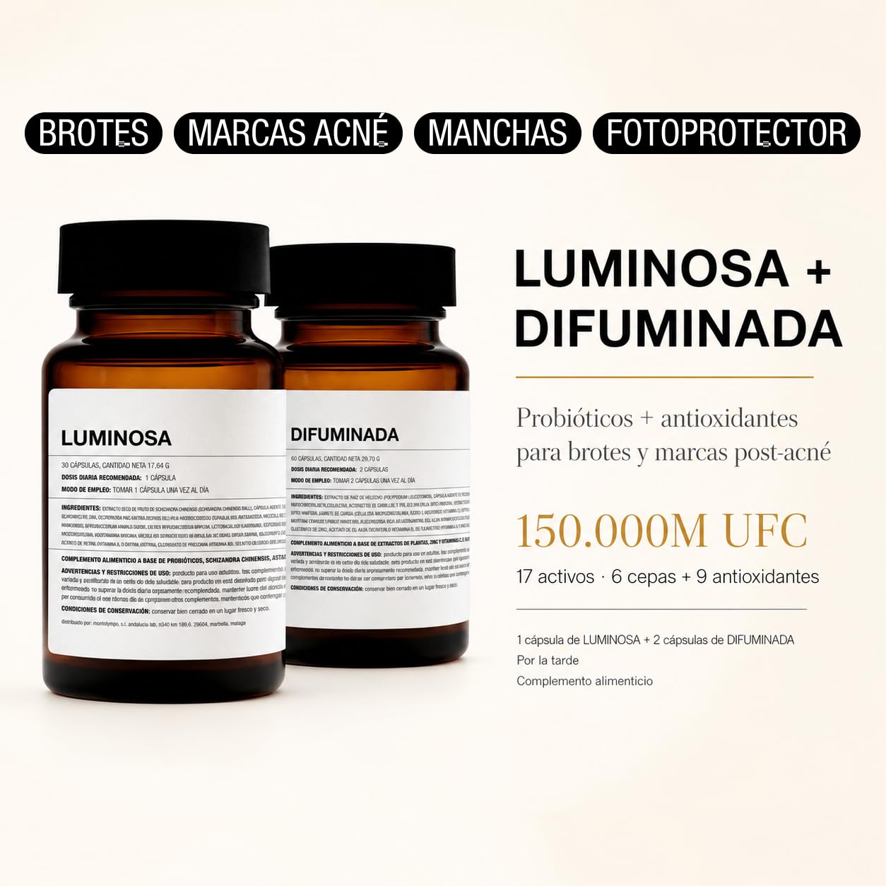 afrodite Pack Luminosa + Difuminada | Suplemento para Acné y Manchas | Probióticos 150.000M UFC + 9 Antioxidantes
