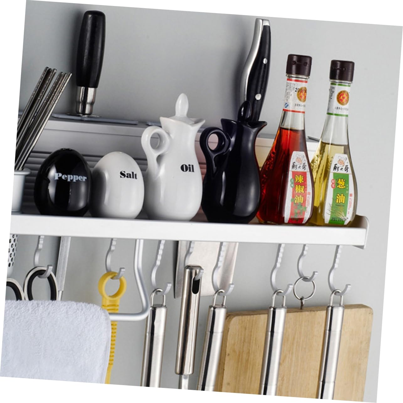 Especiero de Pared de Aluminio Espacial 8 Ganchos, 2 Vasos y 4 Ranuras