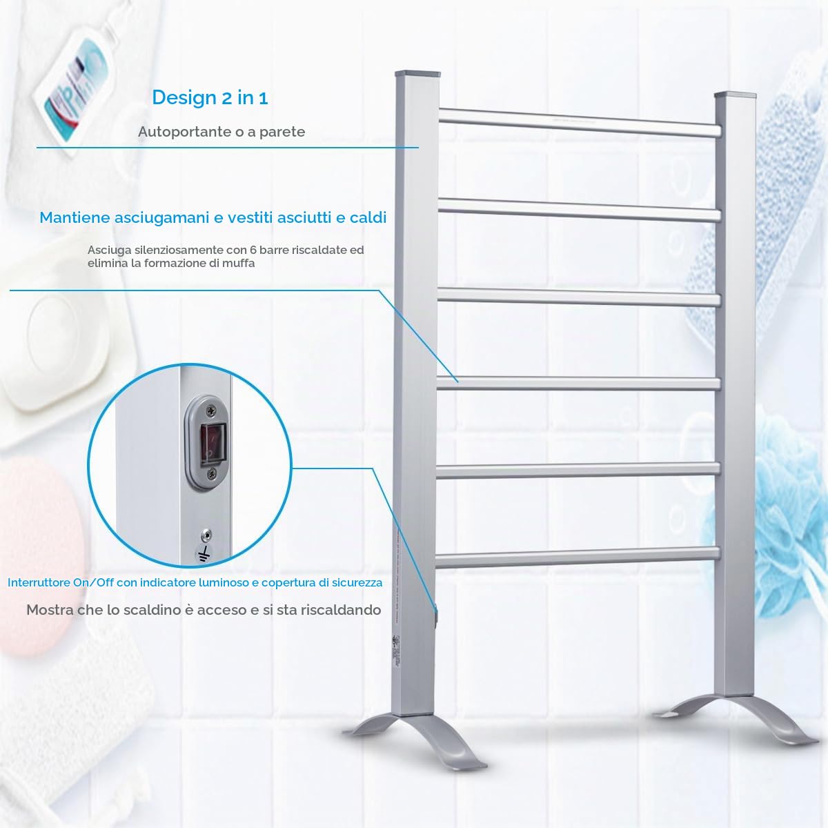 LIFEZEAL Scaldasalviette Elettrico Bagno, Termoarredo Elettrico Bagno, Termosifone Elettrico da Parete e da Terra, 45-50℃, 100W, Asciugatura Rapida, Scalda Salviette da Bagno Elettrico in Alluminio