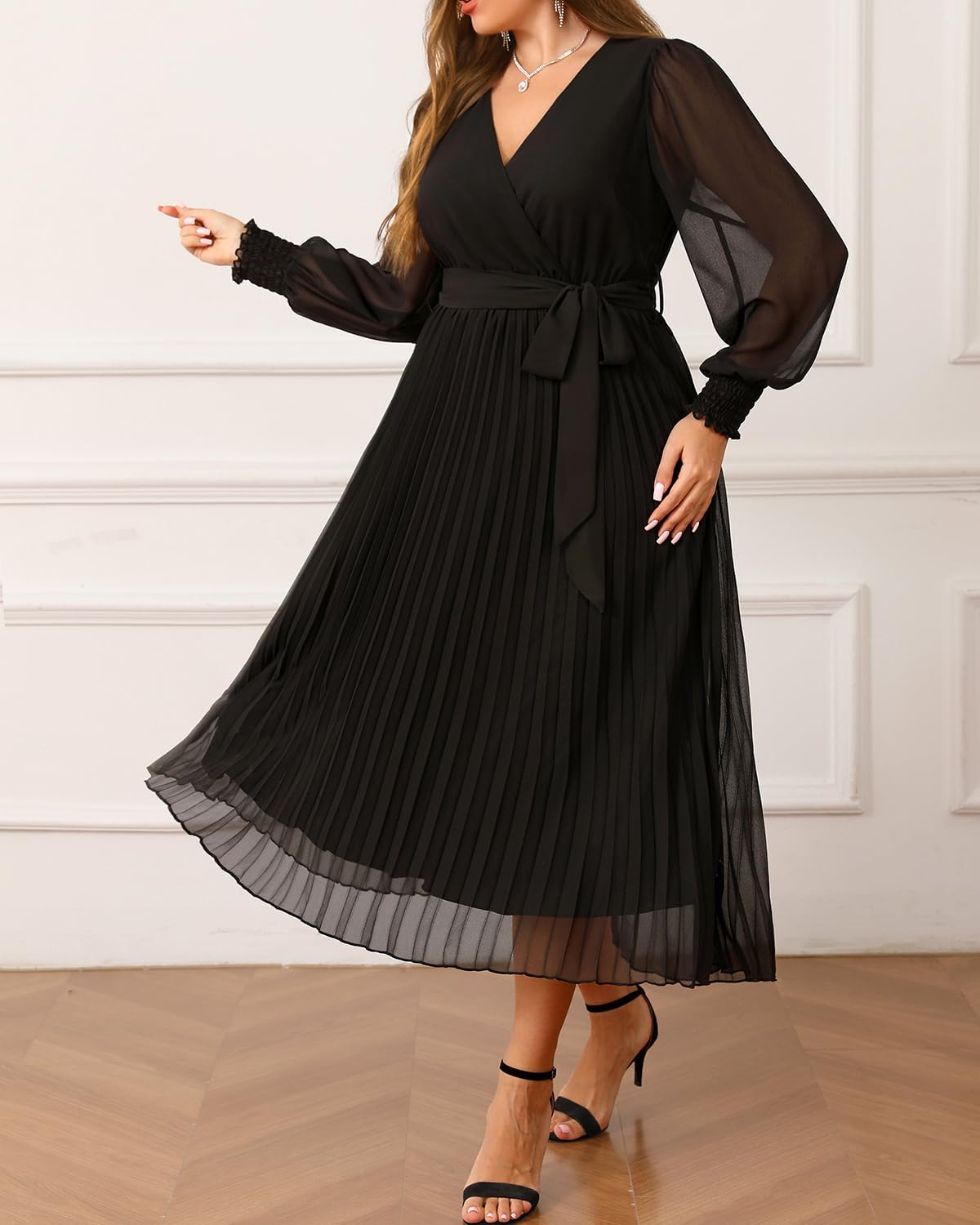 Pinup Fashion Plus Size Dresses Wedding Guest - Fall Semi Formal Long Sleeve Elegant Pleated Midi Dress - Image 5