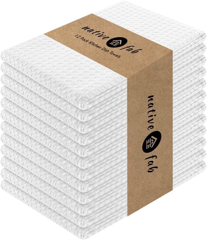 Native Fab Toalla de cocina de algodón con lazo para colgar de 16 x 26 pulgadas, paquete de 12, toallas de cocina de tejido gofre para limpieza y