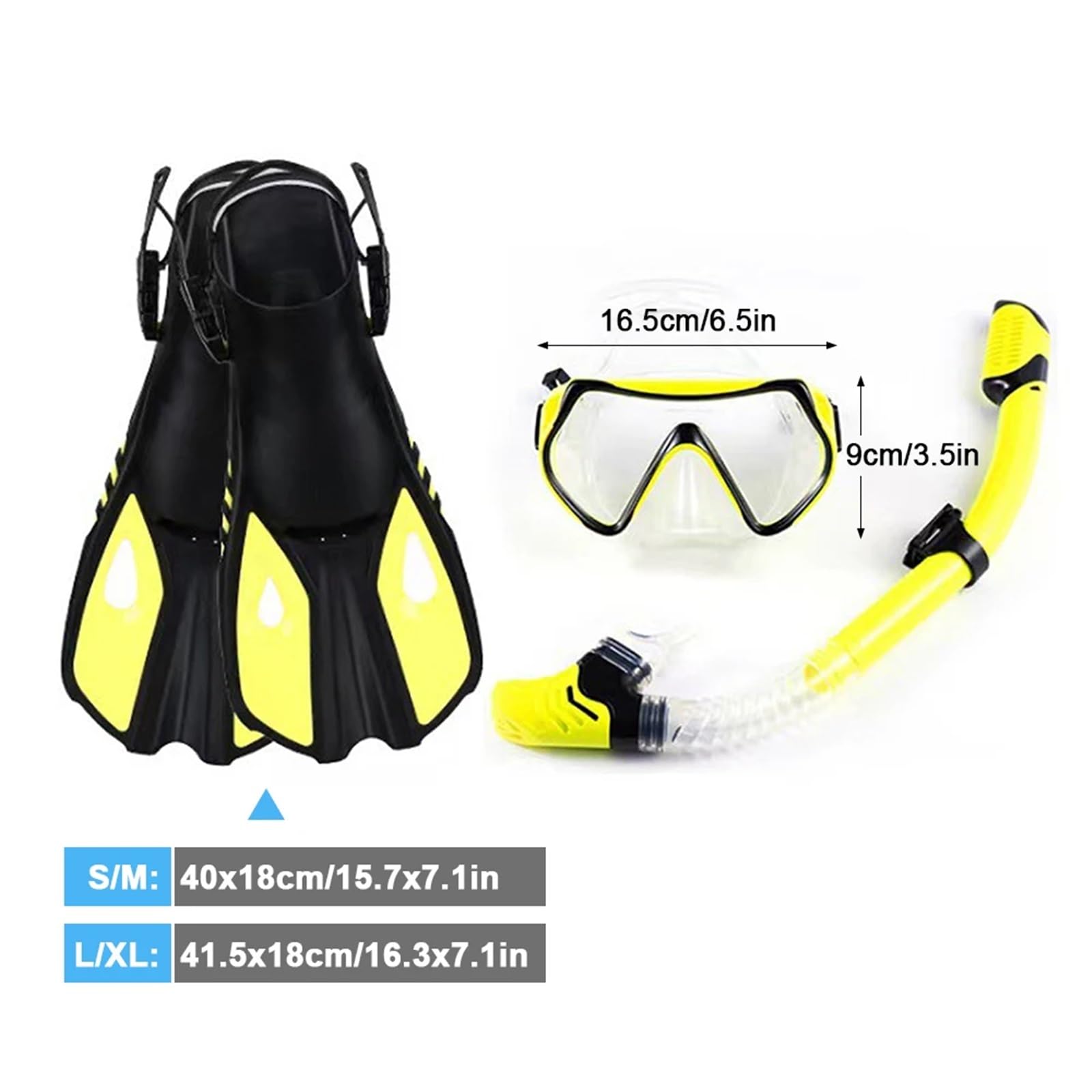 Maschera Subacquea Maschera Subacquea con Tre finestre, Maschera Subacquea Trasparente con boccaglio Completamente Asciutto e Pinne Regolabili Maschera(Yellow L XL)