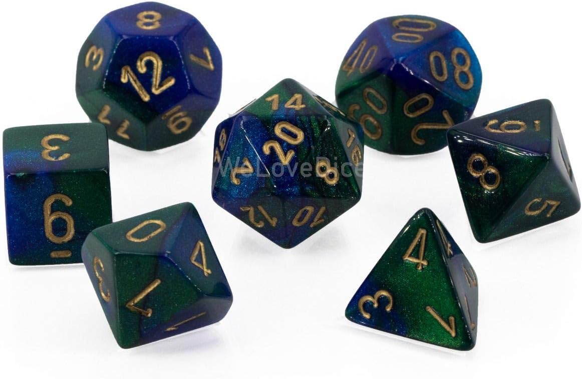 DND Dice Set-Chessex D&D Dice-16mm Gemini Blue, Green, and Gold Plastic Polyhedral Dice Set-Dungeons and Dragons Dice Includes 7 Dice - D4 D6 D8 D10 D12 D20 D%, Various, One Size (CHX26436)