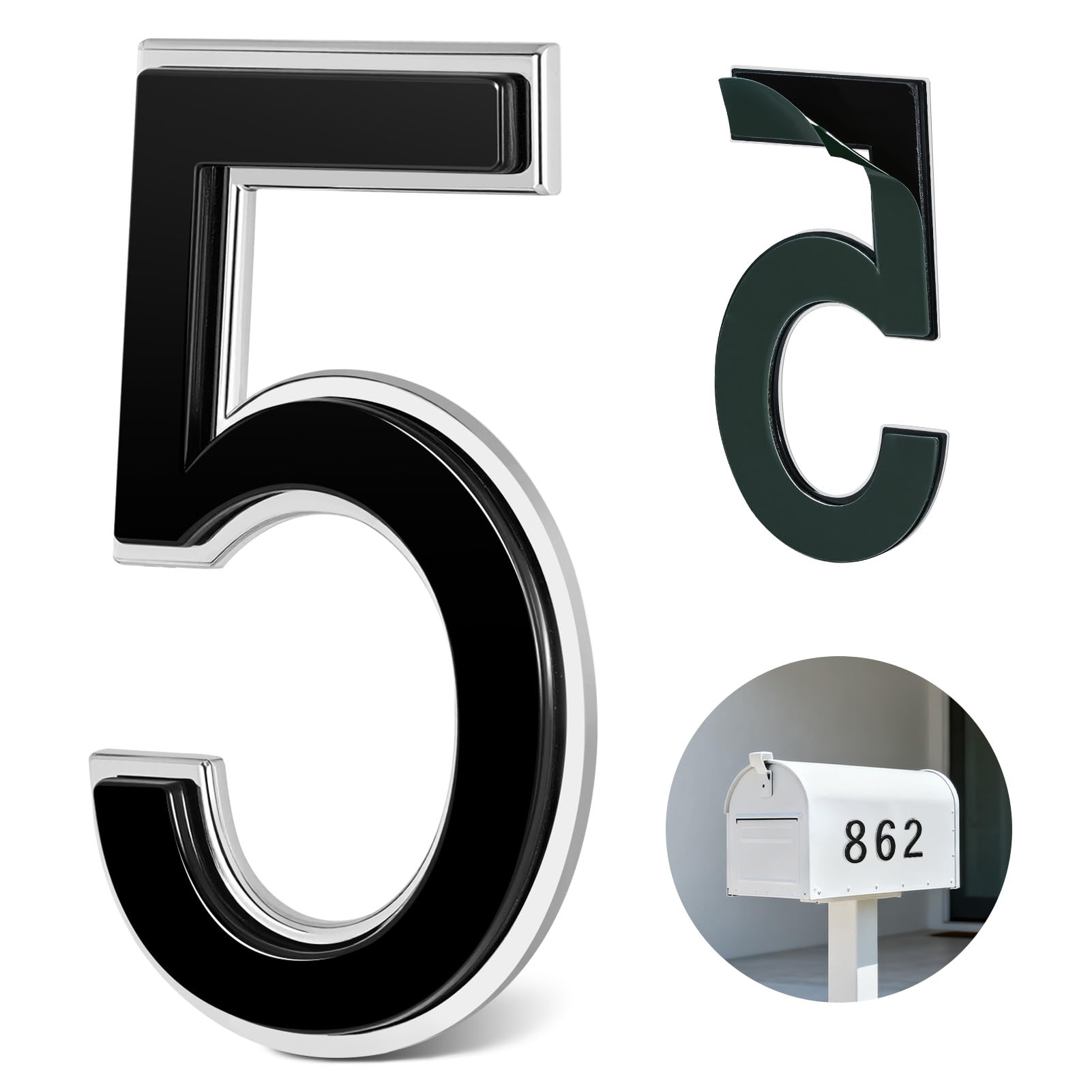 4 Inch Black House Numbers for Outside, VONDERSO Self-Adhesive Mailbox Numbers with Exclusive Electroplated Finish and Durable ABS Base, for House Plaques, Mailbox, Yard, Garage – Plaque Number ‘5’