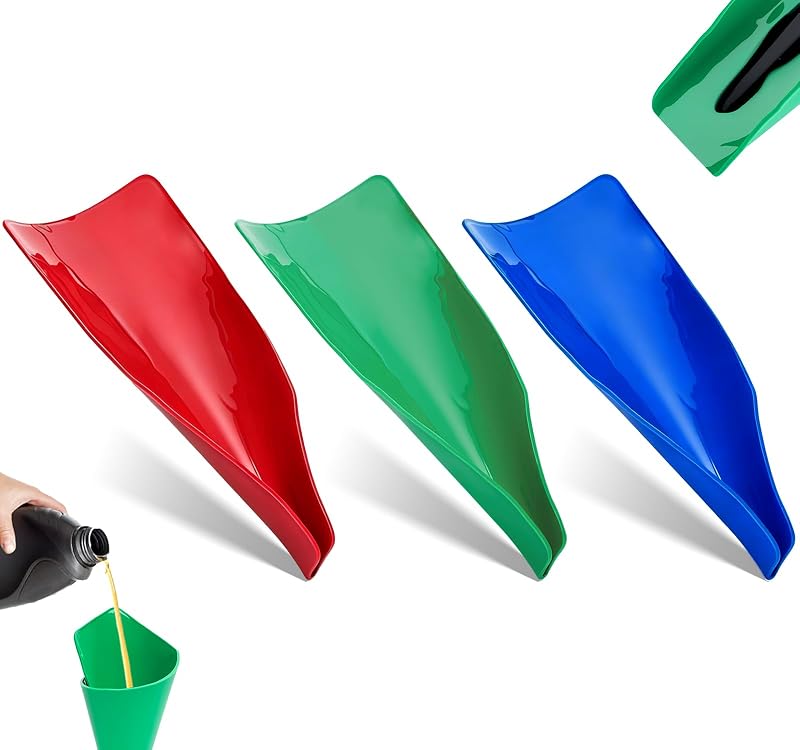 Kit com 3 funis flexíveis para óleo LOVTRAVEL dobráveis e moldáveis nas cores vermelho, verde e azul