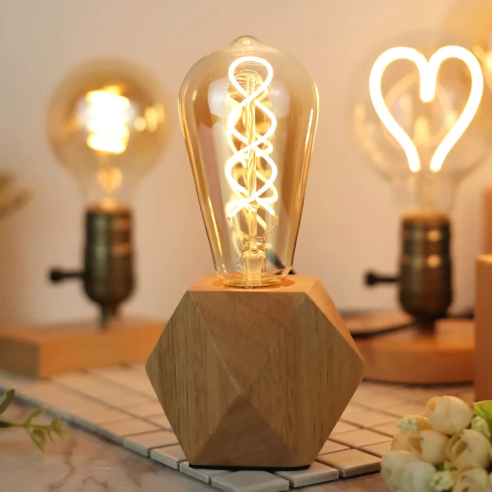 2 uds.Lámpara de mesa pequeña Lámpara de noche con base de madera de diamante junto a la lámpara, E27 60W Perfecta para dormitorio, salón u oficina (sin bombilla)