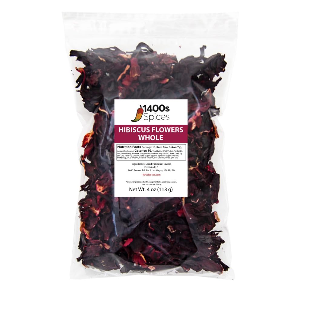 4oz Dried Hibiscus Flowers perfect for Tea and Mexican Agua Fresca, Flor de Jamaica, Sorrel Zobo Whole Flowers and Petals by 1400s Spices