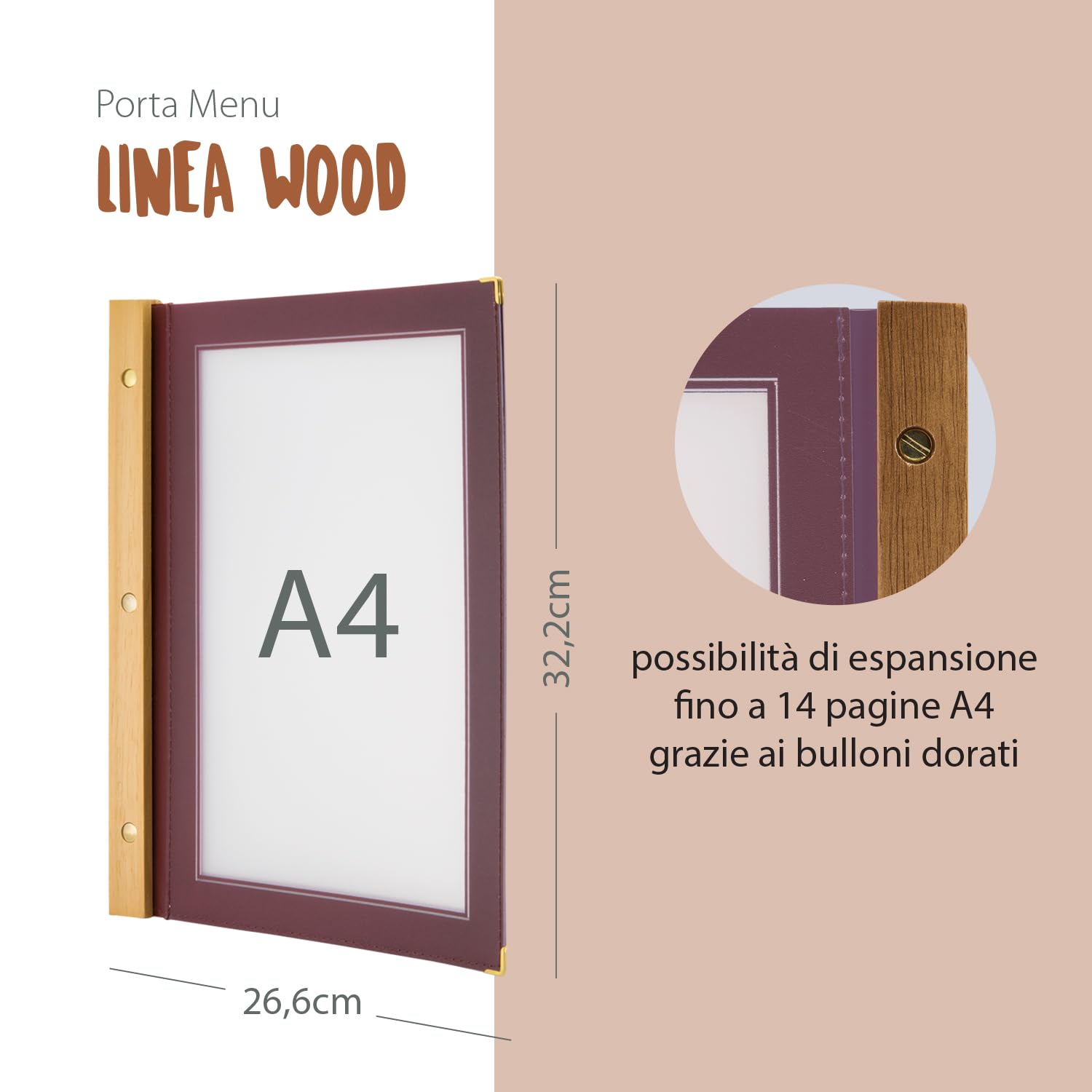 Porta Menu Personalizzabile In Ecopelle - Con Logo E Testo A Colori Per Caffè, Ristoranti E Bar - Formato A4, 8 Tasche, Colore Bordeaux/Nero