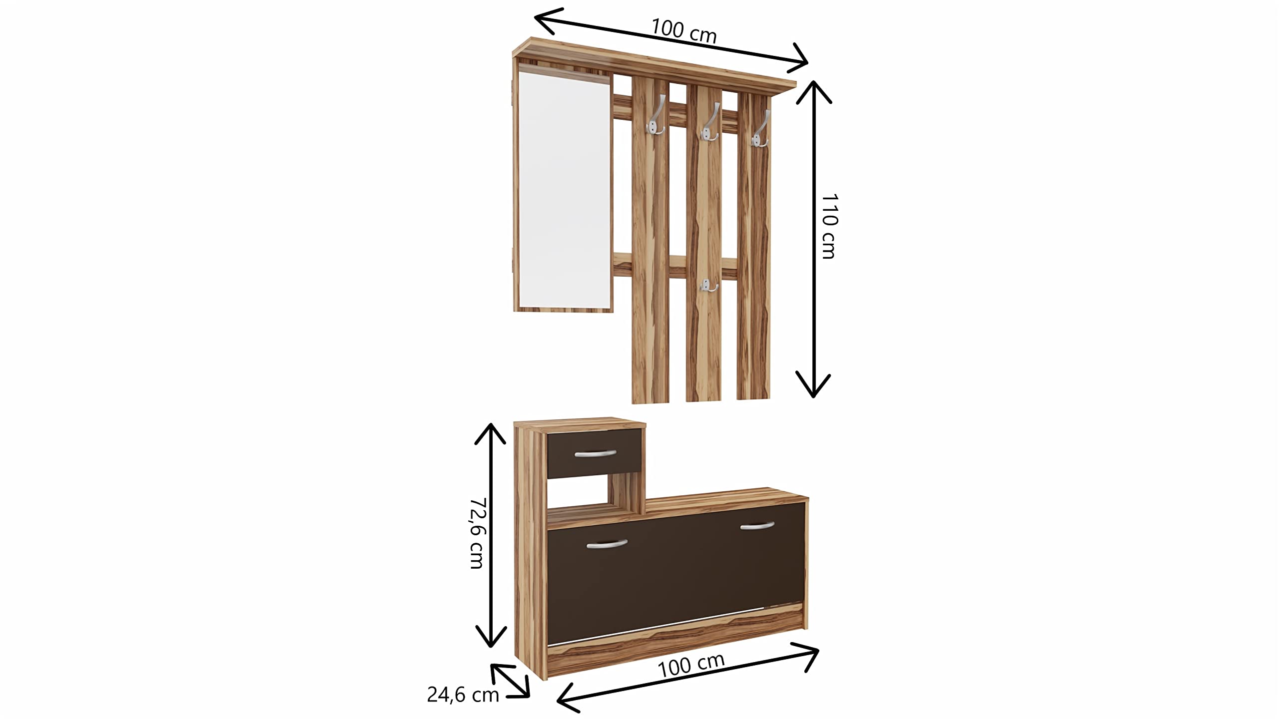 August Nuss Garderoben-Set mit Spiegel Schuhschrank Kleiderstange 100 cm 72,6 cm 110 cm 24,5 cm