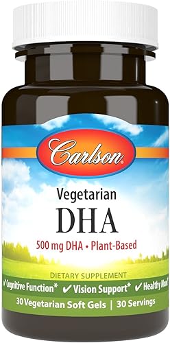 Carlson - DHA vegetariano, 500 mg de DHA, a base de plantas, de origen sostenible de algas, apoyo cerebral, salud del estado de ánimo, 30 cápsulas