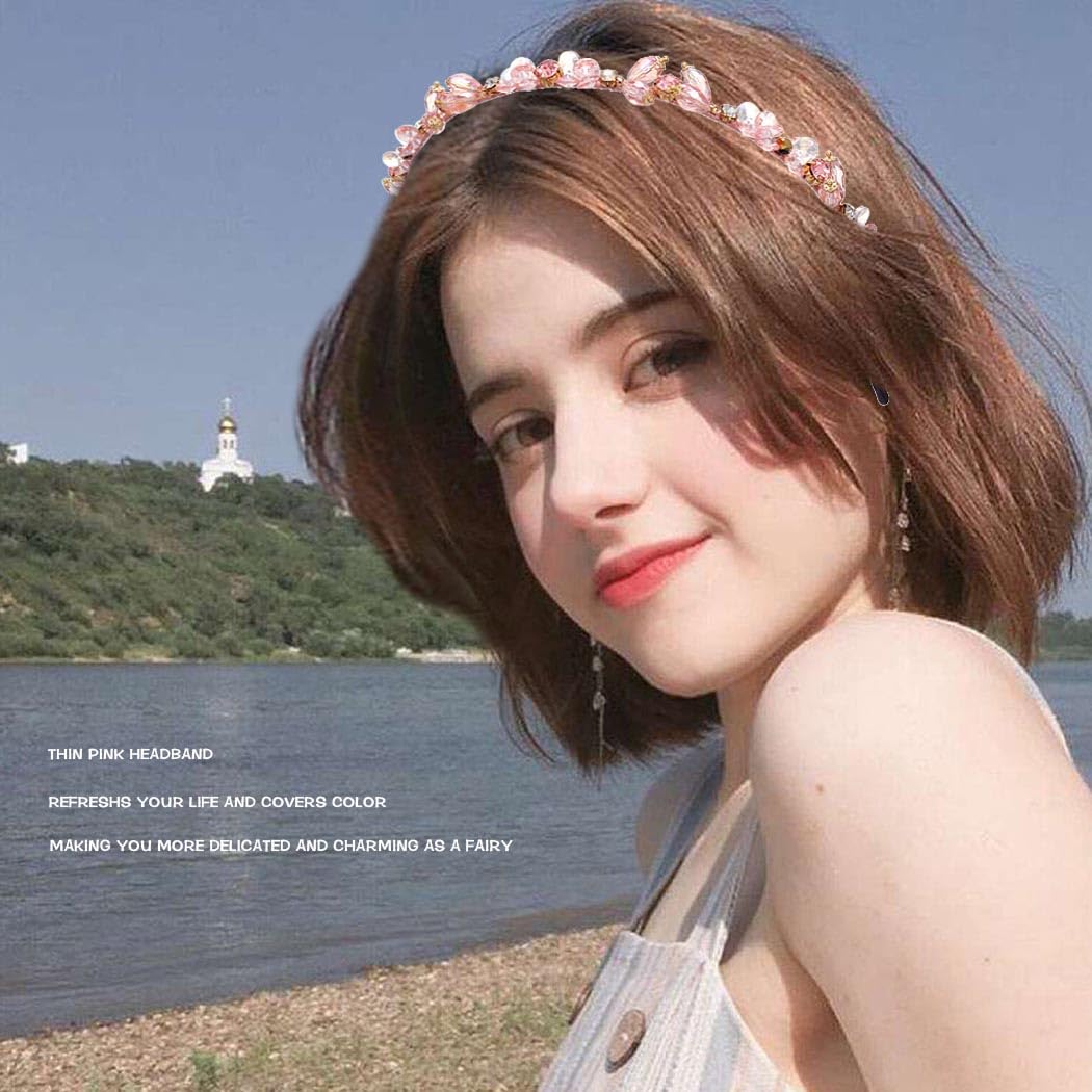Rosa Strass-Stirnbänder für Damen und Mädchen, Kristall-Perlen, Barock, dünne Haarreifen, mit Schmucksteinen besetztes Stirnband für Damenhaar