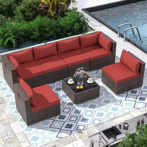 VONZOY 7 Pieces Patio Furniture Set, Outdoor Sectional Sofa Couch, Grey Wicker Rattan Patio Conversation Set with Cushions and Table, Red