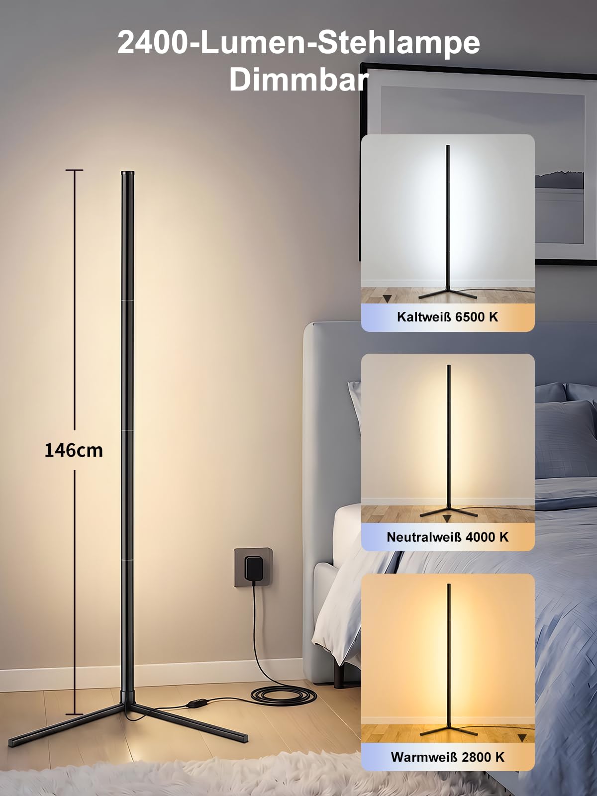riyo 2400LM LED Stehlampe Wohnzimmer Dimmbar, 146cm RGBIC Ecklampe mit 168 LEDs, 16 Mio. Farben & 300+ Modi, Musik Sync, Smart Floor Lamp mit Fernbedienung & APP für Schlafzimmer Gaming Deko Schwarz