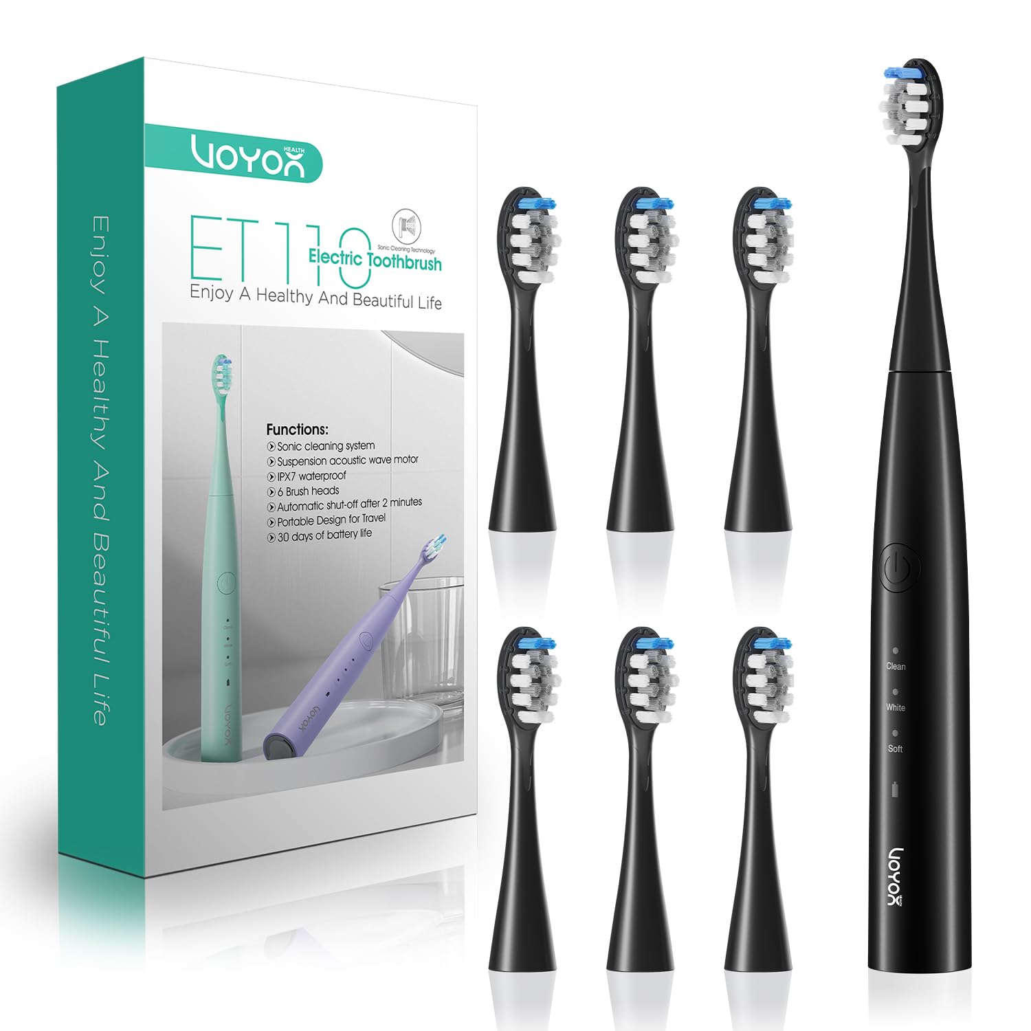 VOYOR-HEALTH Electric Toothbrush, Rechargeable Sonic Toothbrush with 6 Brush Heads, Power Electric Toothbrushes Adults with Smart Timer IPX7 Waterproof for Teeth Cleaning ET110 (Black)-image-20