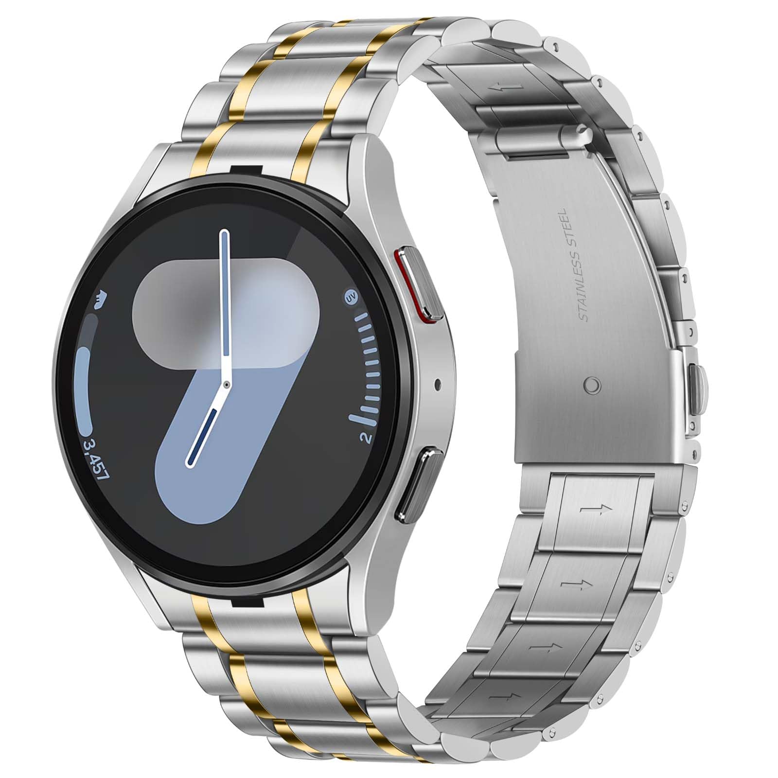 Photo 1 of Suphart Bands Compatible with Samsung Galaxy Watch 7 6 5 4 Band 44mm 40mm/Galaxy Watch 6 Classic 47mm 43mm/5 Pro 45mm, Five-link Stainless Steel Strap for Women and Men, Silver-Gold