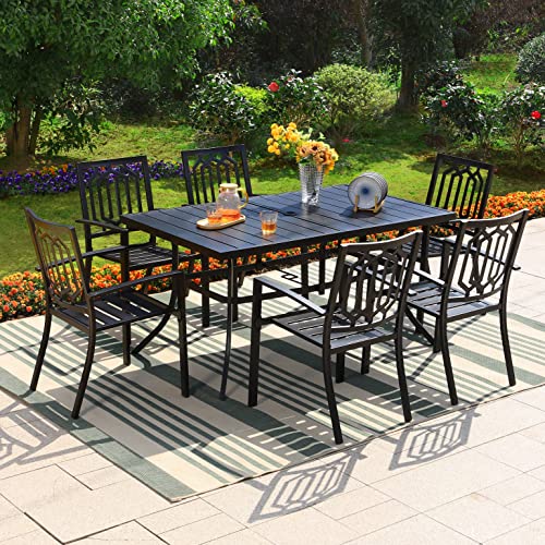 Image of PHI VILLA 7 Pcs Patio Dining Set for 6& Rectangular Metal Table | Black Metal Table with Umbrella Hole & Stacking Wrought Iron Chairs, Outside Furniture Set for Patio, Deck, Backyard, Porch