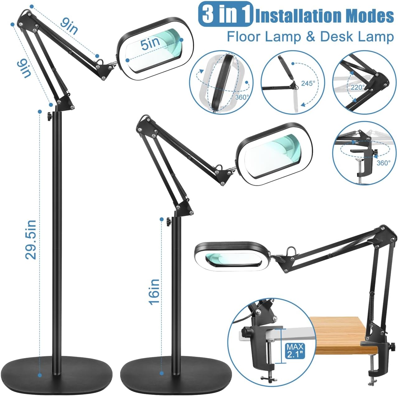12X Magnifying Glass with Light and Stand, Real Glass Lens, 5 Color Modes LED Dimmable Lighted, 3-in-1 Floor Lamp with Clamp, Hands Free Magnifier for Reading, Craft Sewing Painting Close Work