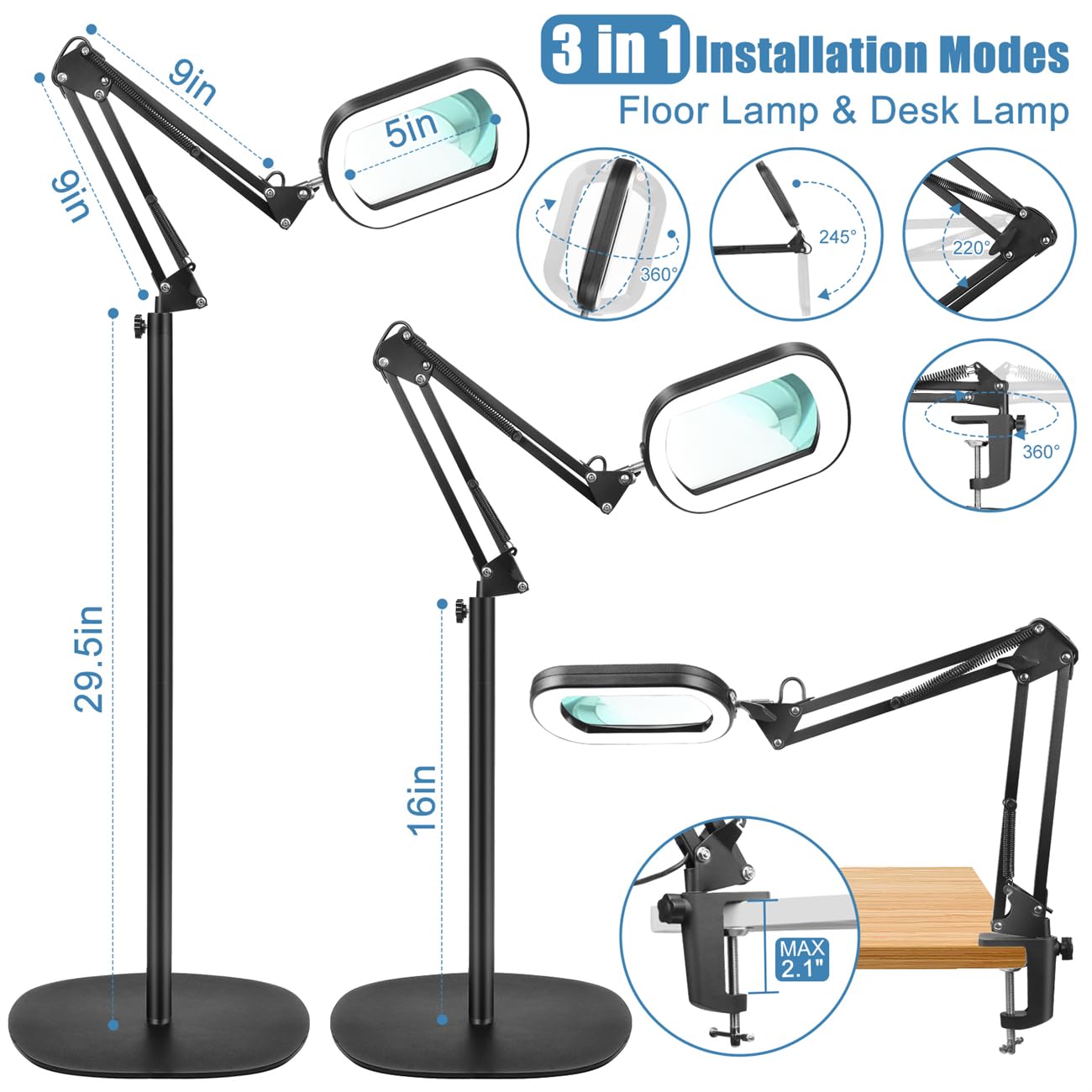 IVMAIE Lupa de 10 aumentos con luz y soporte, lámpara de pie 3 en 1 con abrazadera, 5 modos de color, LED regulable, lupa de pie con luz manos libres para trabajos cercanos, costura, pintura, lectura