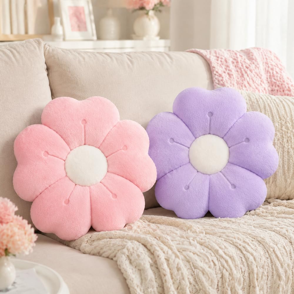 SGZIOO 2 Pack Flower Cushion, 35cm Flower Pillow, Daisy Cushion, Soft and Fluffy Floor Cushion, Cute Pillows Decorative for Bedroom, Sofa, Couch, Car, Pink + Purple