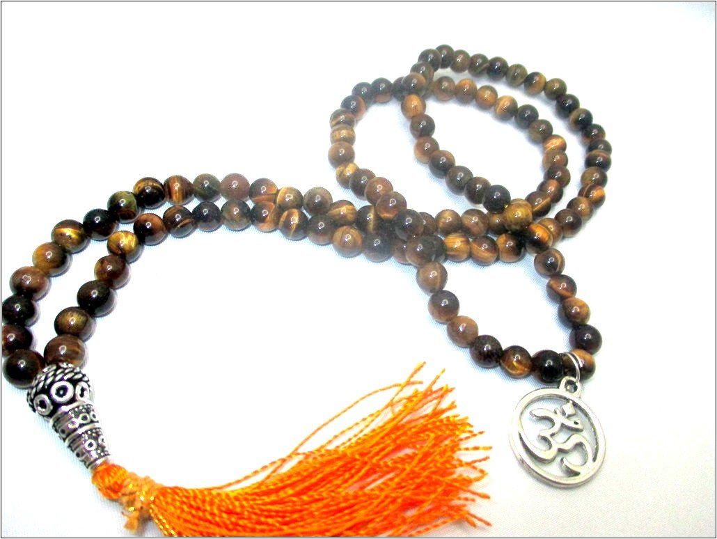 HiJet 108 +1 Bead Tiger Eye Mala with Lucky Charm OM (AUM) 28-32" Long Balancing Positive Energy Harmony Luck Yoga Meditation Reiki Natural Genuine Authentic Fashion Style Easter Christmas