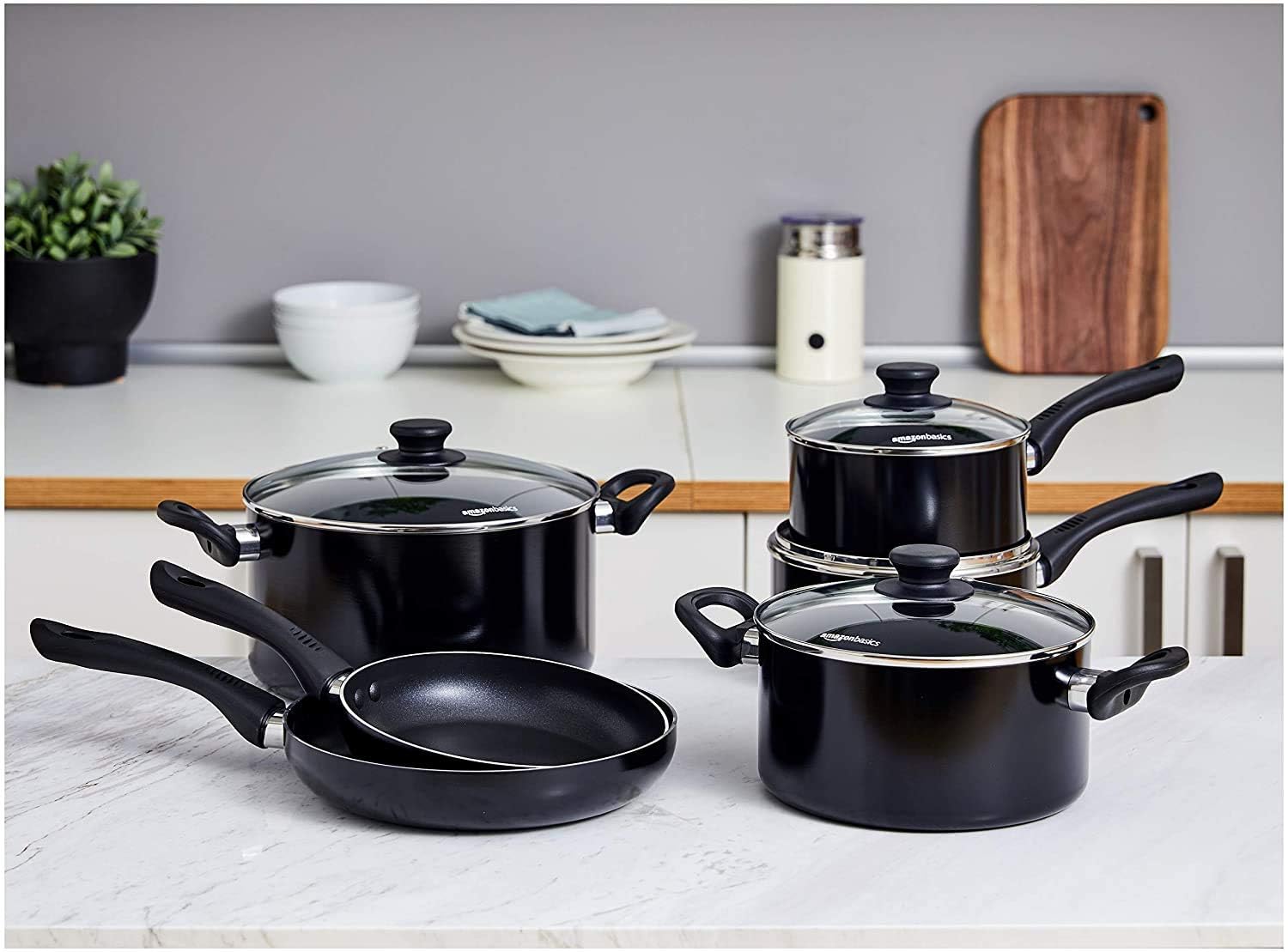 Amazon Basics - Set di pentole in ceramica antiaderente per induzione, 6 pezzi, con coperchi