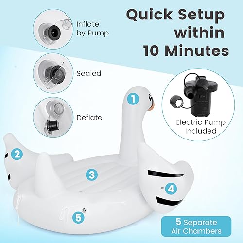 Miniatura 4 de Goplus Isla flotante de cisne inflable gigante, flotador de piscina para 4 personas con 4 soportes para tazas, muelle flotante recreativo para lago,