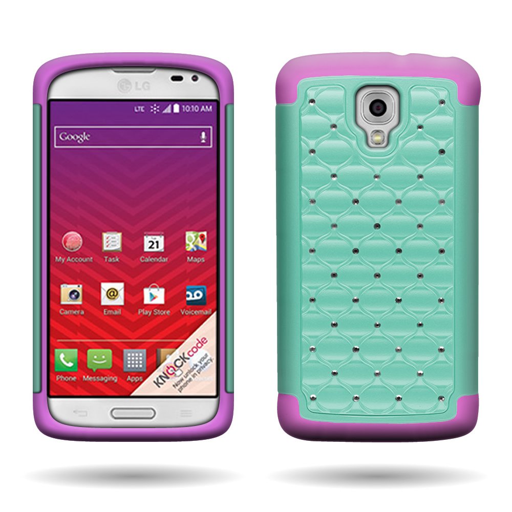 LG Volt LS740 Diamond Studded Hybrid Phone Case for LG Volt - [Teal/Hot Pink]