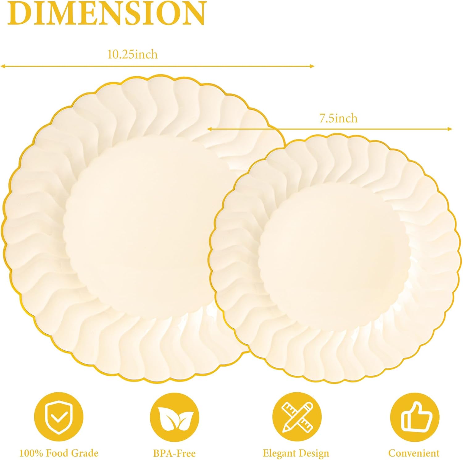 Lullaby 60PCS Light Yellow Scalloped Plastic Plates, Disposable Elegant Plates Include 30pcs Dinner Plate 10.25", 30pcs Plastic Dessert Plate 7.5", Perfect for Wedding and Party - Image 2
