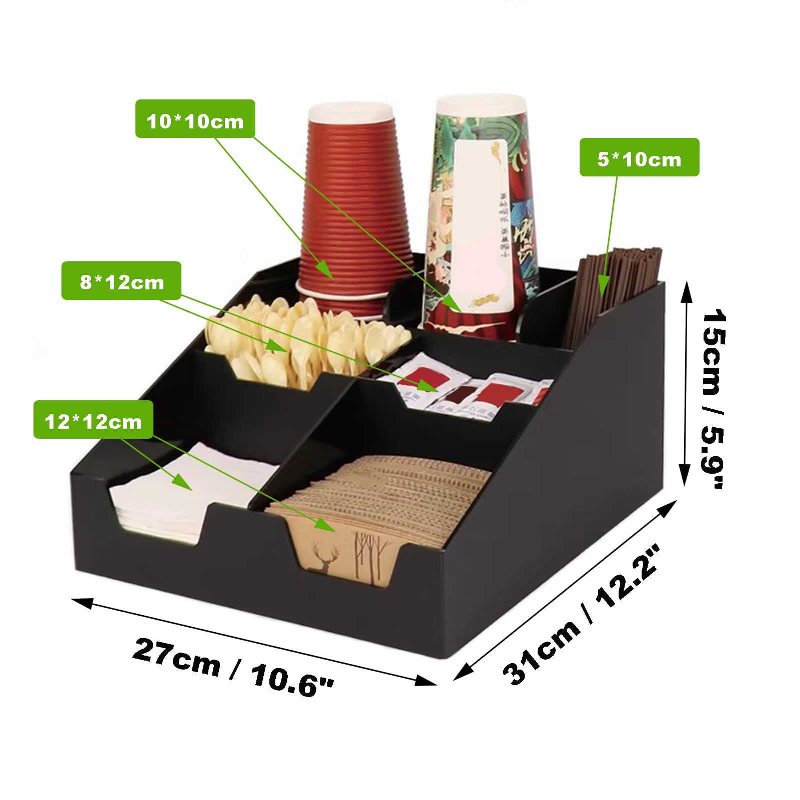 Einwegbecher-Spender, Kaffee und Tee Organizer, Aufbewahrungsbox Kaffeezubehör Zuckersticks Kaffeesahne, Teebeutel Kaffeepads Zubehör Aufbewahrung,Black 04