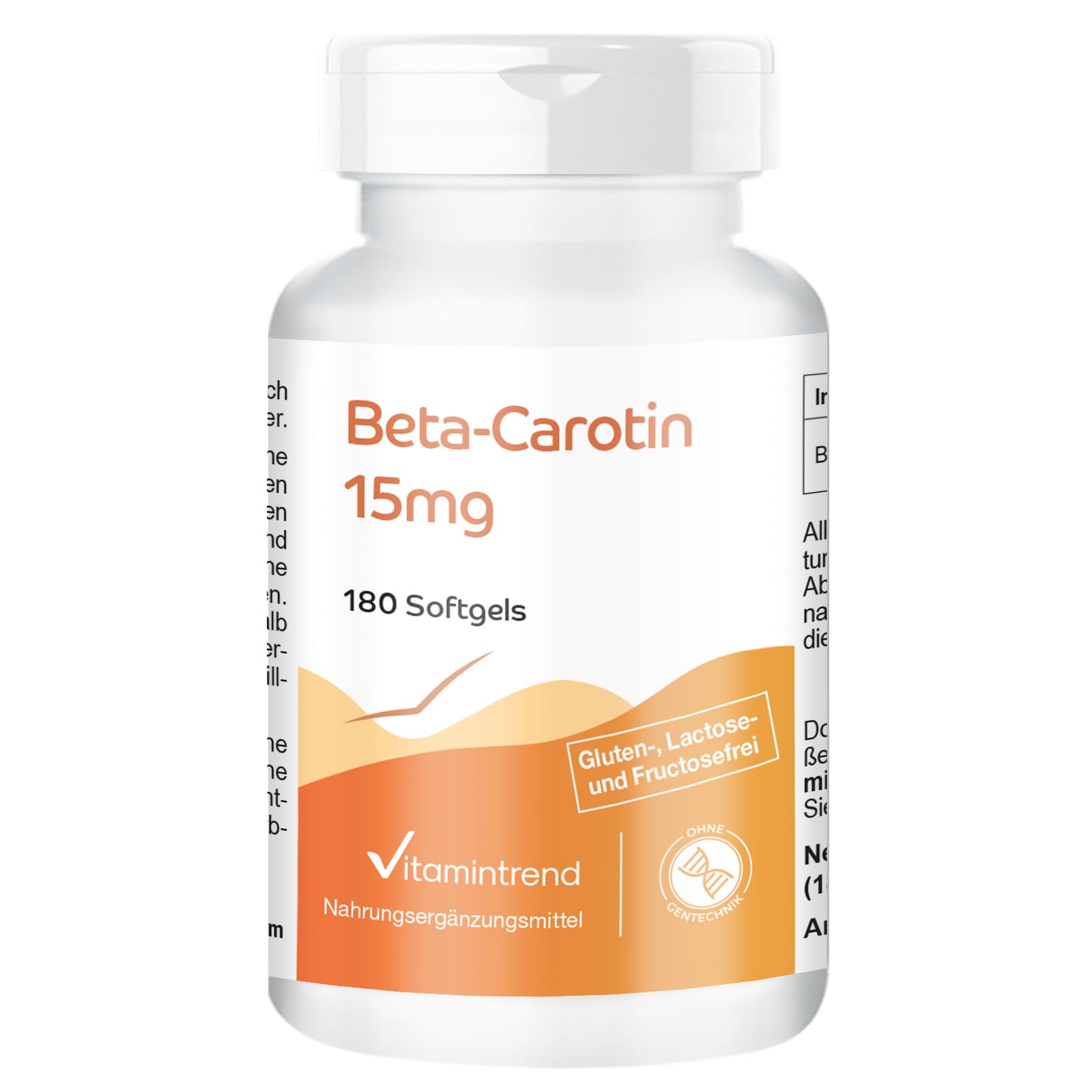 Vitamintrend Beta-karoten 15mg, 180 kapsułek po 15mg (odpowiada 25 000 j.m.), wysoka dawka, bez stearynianu magnezu, wyprodukowane w Niemczech.