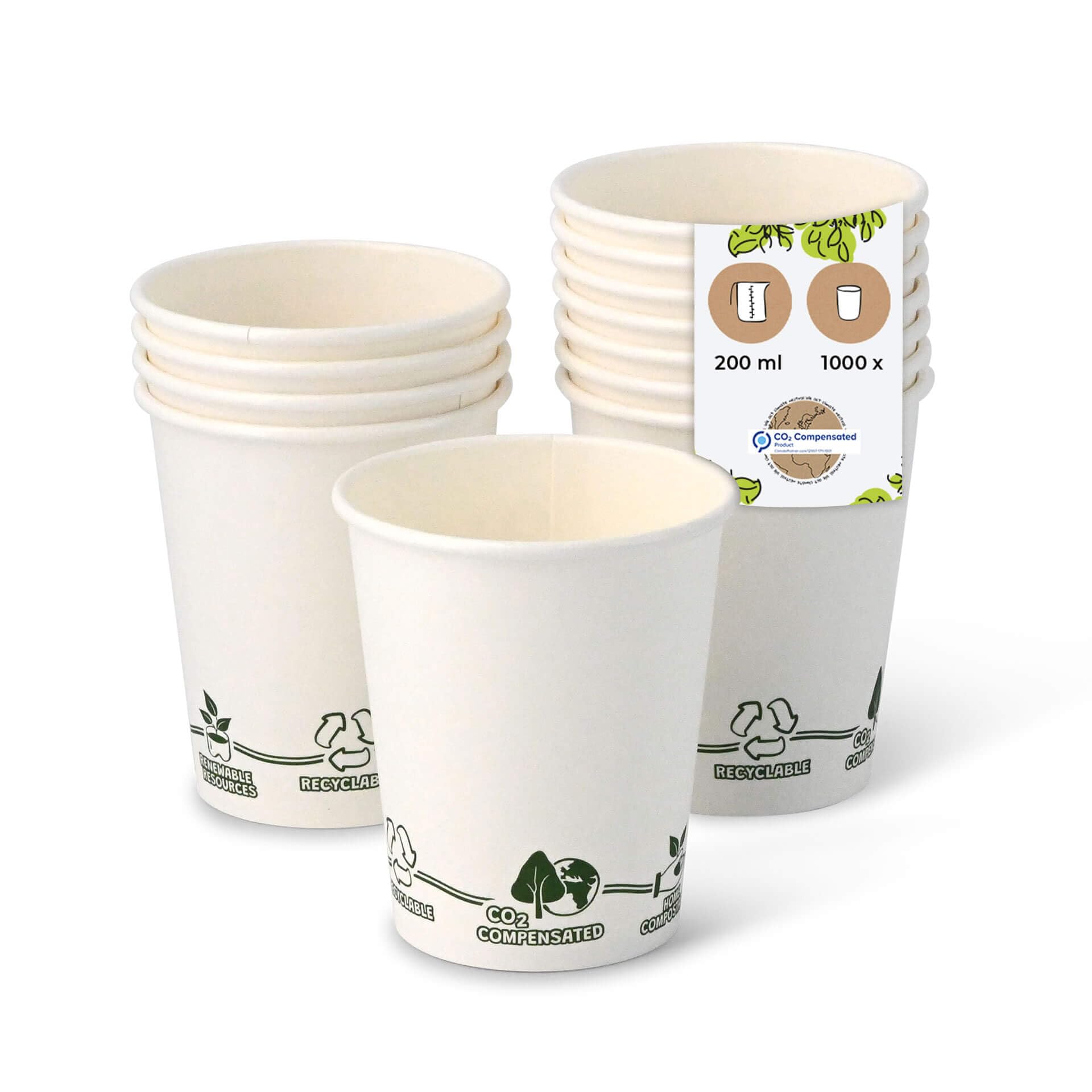 BIOZOYG 1000 Stück Kaffeebecher Pappbecher 200ml / 8 oz Ø 80 mm weiß mit Umweltmotiv - Einwegbecher plastikfrei - Becher aus nachhaltiger Forstwirtschaft - Kaffeebecher Einweg