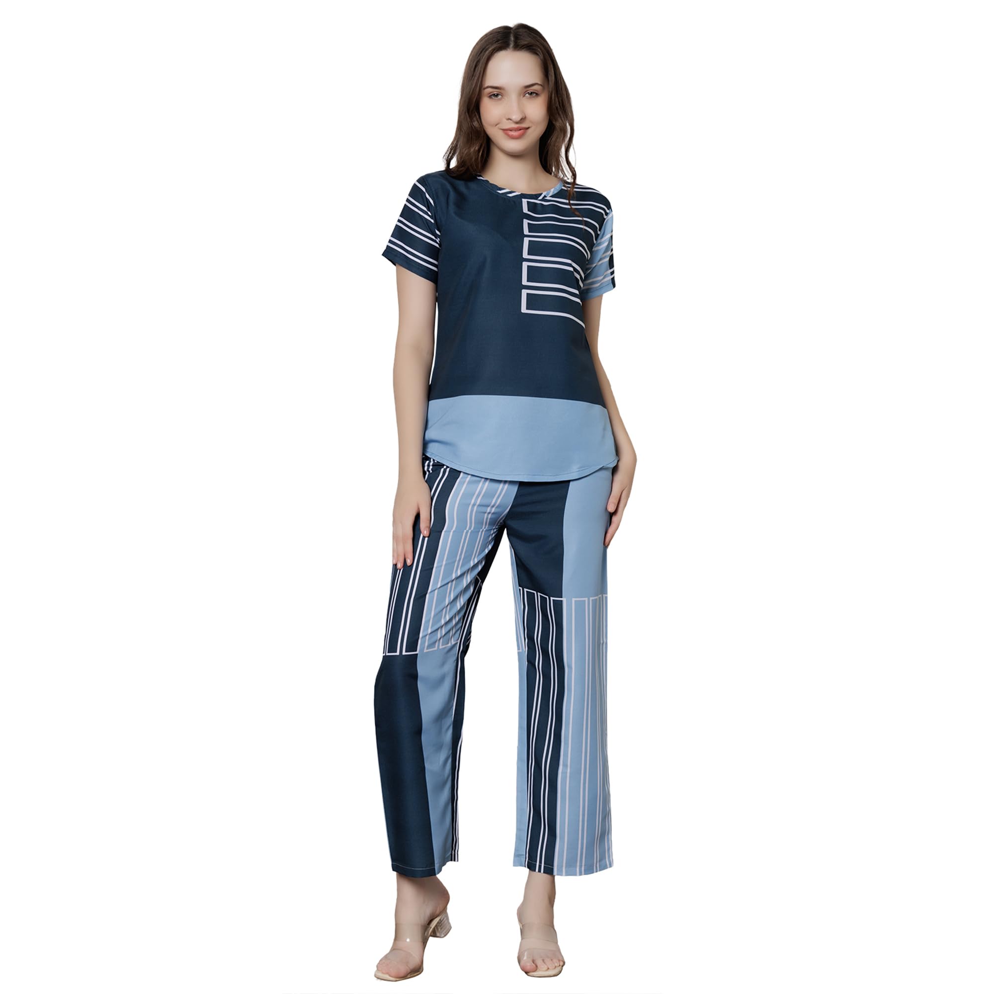 trylo Riza Digital Rayon Fabric Round Neck Short Sleeves Relaxed Fit Printed T-Shirt and Pyjama Night Suit Set/NS-2155-picture-14