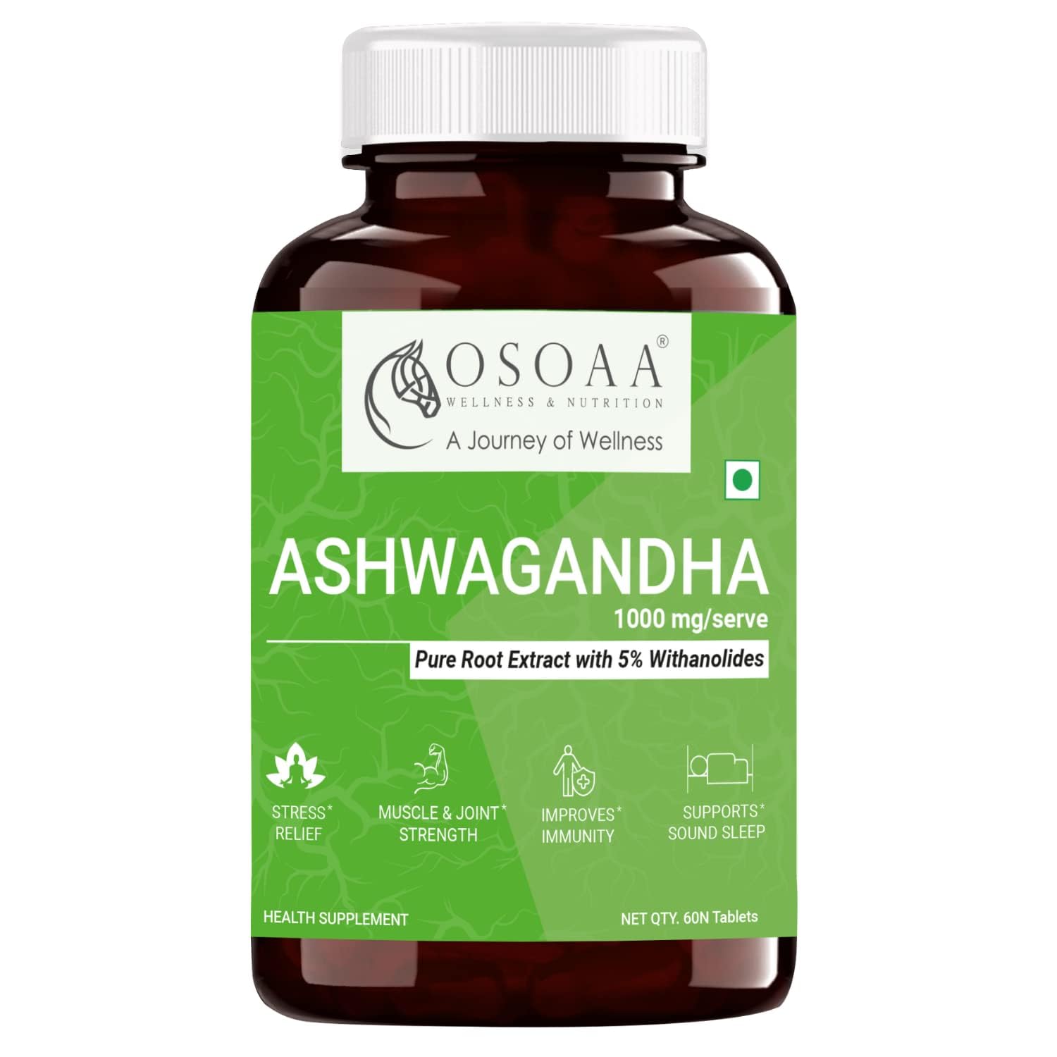 OSOAA Ashwagandha with 5% Withanolides (1000 mg/serve) - 60 Ayurvedic Tablets - AYUSH APPROVED | Pure Root Extract like KSM66 |Anxiety & Stress Relief | Energy & Immunity Booster