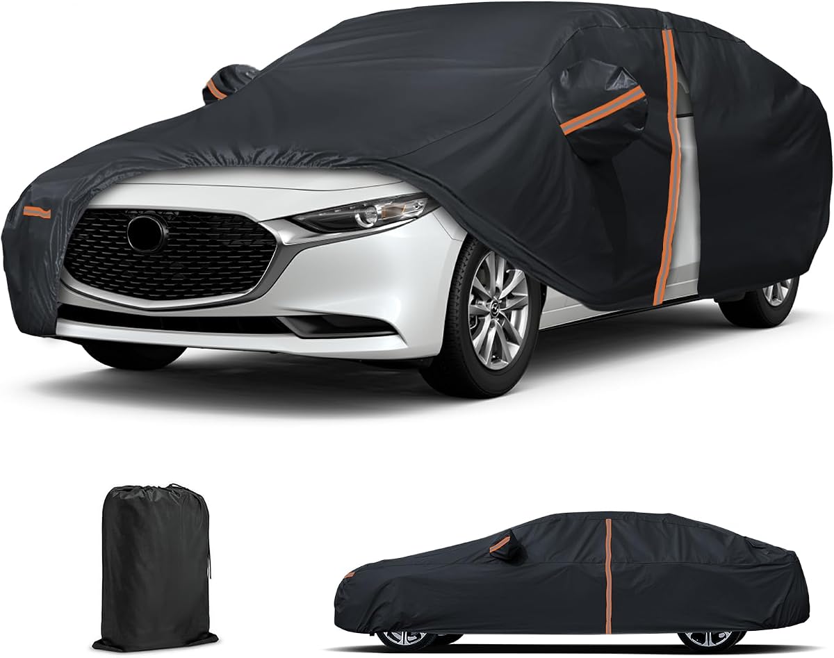 Car Cover for Mazda 3 Sedan 2004-2025, All Weather Waterproof | Full Exterior Cover with Zipper Door, Windproof Straps, UV Protection, Rain Snow Dust Resistant and Scratch Resistant