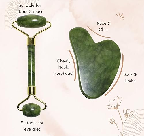 Miniatura 4 de Rodillo facial y juego de Gua Sha, rodillo facial de jade para el cuidado de la piel, rutina de cuidado personal, masajeador para cara, cuello y