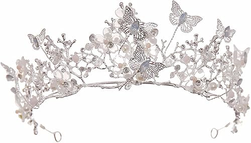 Tiaras y coronas de mariposa con diamantes de imitación, corona de novia, barroco, reina, tocado de perlas para mujer (plateado)