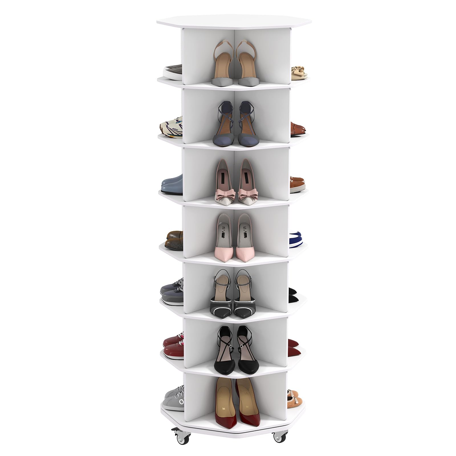 uyoyous Rotating Shoe Rack Tower 7 Tier 28 Pairs Large Shoe Storage Organizer Space-Saving Free Standing Shoe Racks 360° Revolving Polygon Shoe Rack for Closet Handbag Display White