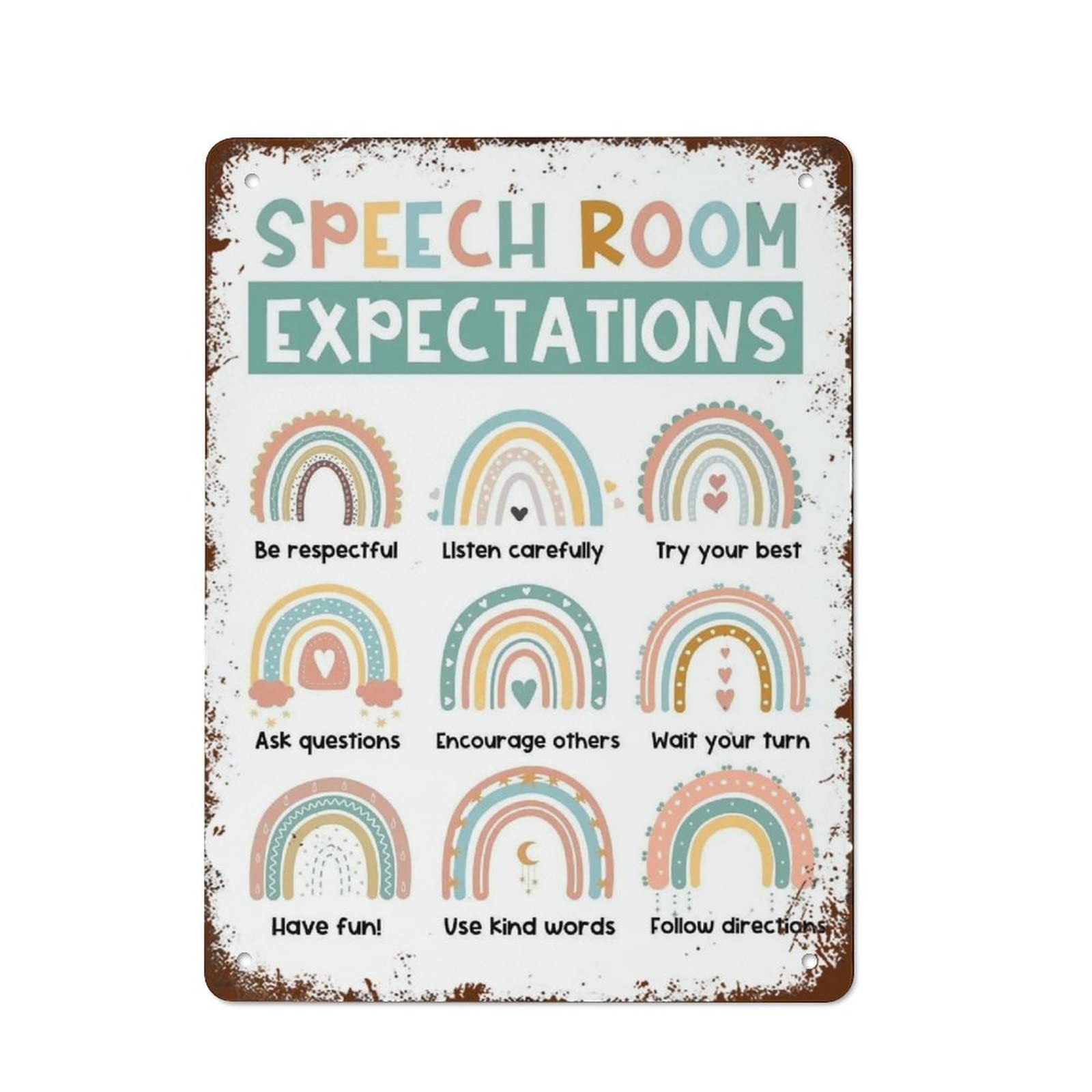 Antique Restroom Sign Rainbow Speech Therapy Decor, Speech Room Expectations, Speech and Language Rainbow Poster, Speech Therapy Poster Wall Art Retro Tin Sign Art Wall Funny Signs 8x12 inch