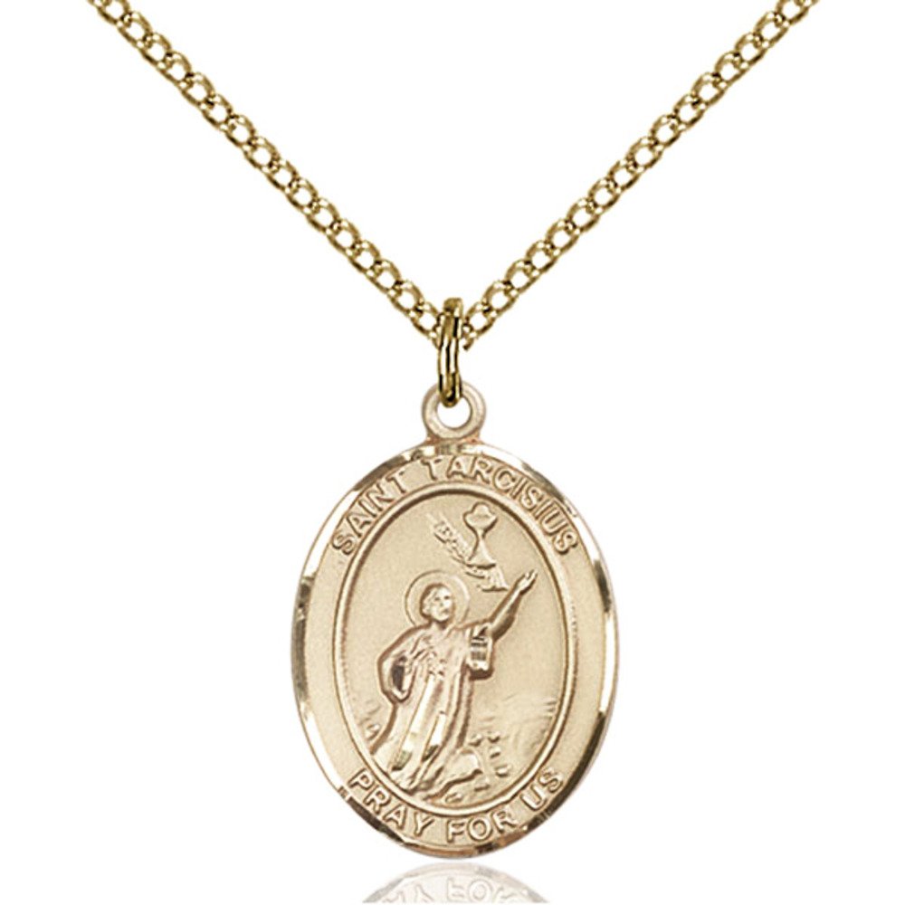 Bonyak Jewelry Saint Medal Collection Custom Engraved Gold Filled St. Tarcisius Pendant 3/4 x 1/2 inches with Gold Filled Lite Curb Chain