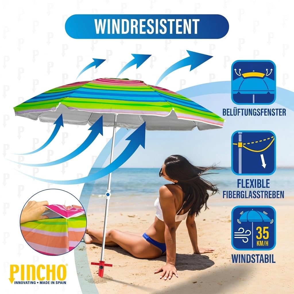 PINCHO Sonnenschirm Strand Windfest Stabil 200 cm - Strandschirm, Sonnenschirm Klein mit UV Schutz 50, Erdspieß, Transporttasche - Stahlrohr22/25 mm, 35 km/h, Blau Weiß