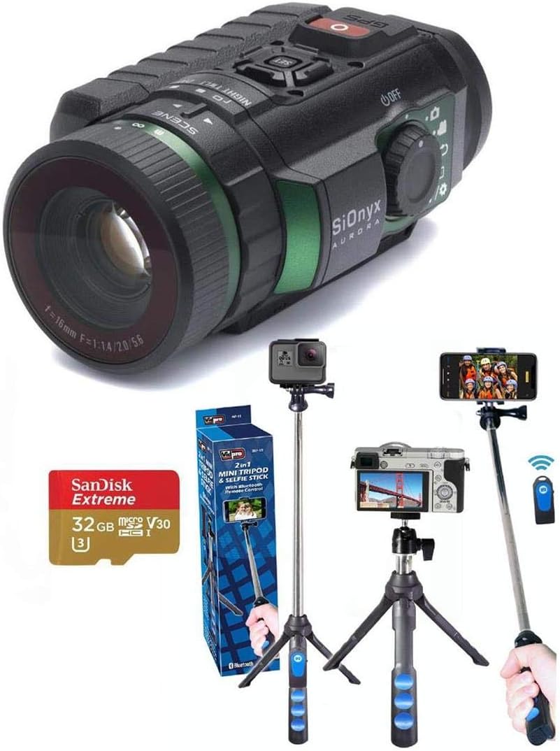 SiOnyx Aurora IR Night Vision Camera - Bundle with 32GB MicroSDHC Card, GoPole Universal GoPro Mount to 1/4"-20 Tripod Adapter - Bower Xtreme Action Series Active Monopod