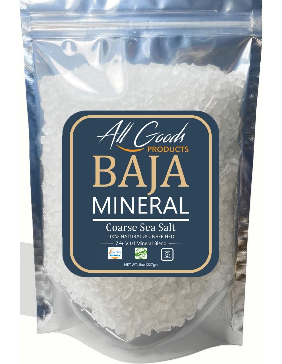 All Goods Products Baja MineralCoarse Grain Sea Salt, 8 oz Natural Salt from Mexico, Unrefined, Hand-Harvested, Loaded With 72+ Essential Minerals, Kosher, 30% Low Sodium.