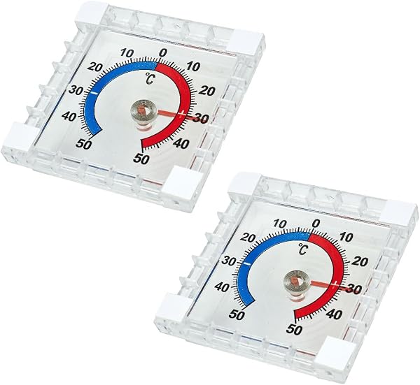 Lahkvor 2 Pezzi Termometro da Finestra Esterno, Termometro Trasparente Autoadesivo per Vetro, Resistente alle Intemperie, -50°C a +50°C (7,5 x 7,5 cm)