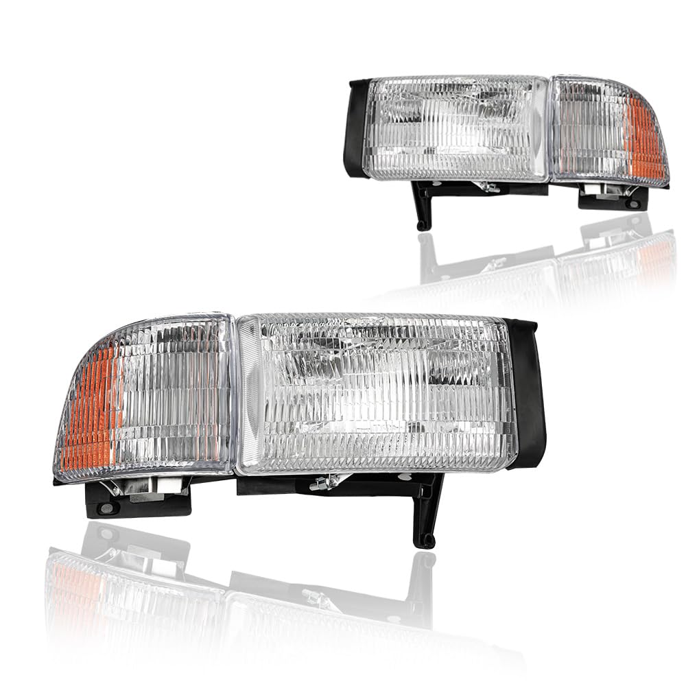 headlight assembly, headlights kit compatible with 1994-2001 dodge ram 1500/1994-2002 ram 2500 3500(don't fit sport models or ram van models) chrome housing amber reflector