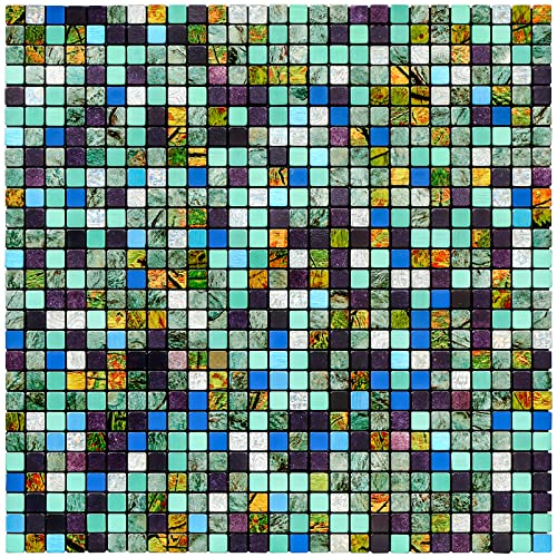 Homeymosaic 10-Sheets Metal Backsplash Tile Peel And Stick On Kitchen Bathroom Laundry Fireplace Plaid Glass Mixed In Gradient Greenblue #TOP4