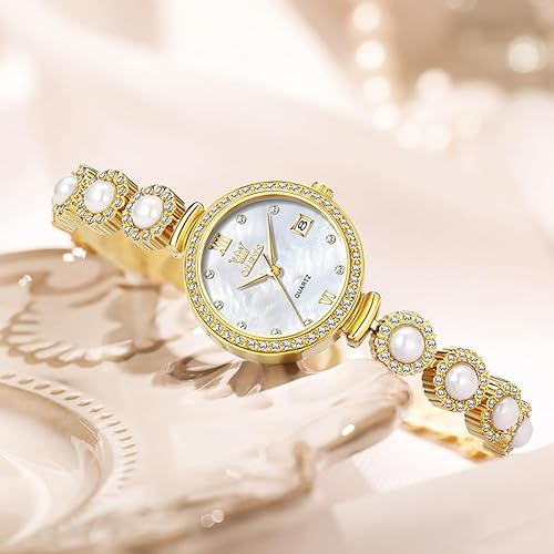 Miniatura 4 de OLEVS Reloj de pulsera analógico de lujo con cara pequeña para mujer, delicado e impermeable con perlas y diamantes, reloj para mujer con fecha,